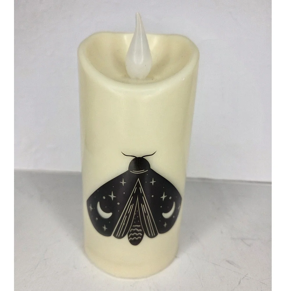 Celestial Moth LED Flameless Pillar Candle Black Moon Stars Gothic Halloween